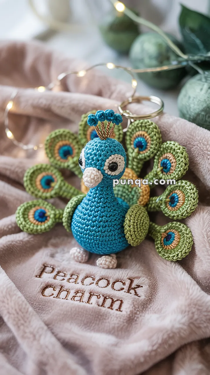 A crocheted peacock keychain with vibrant blue and green colors sits on a soft pink fabric embroidered with the words 'Peacock Charm.' The keychain features intricate detailing with small round eyes and a stylized tail.