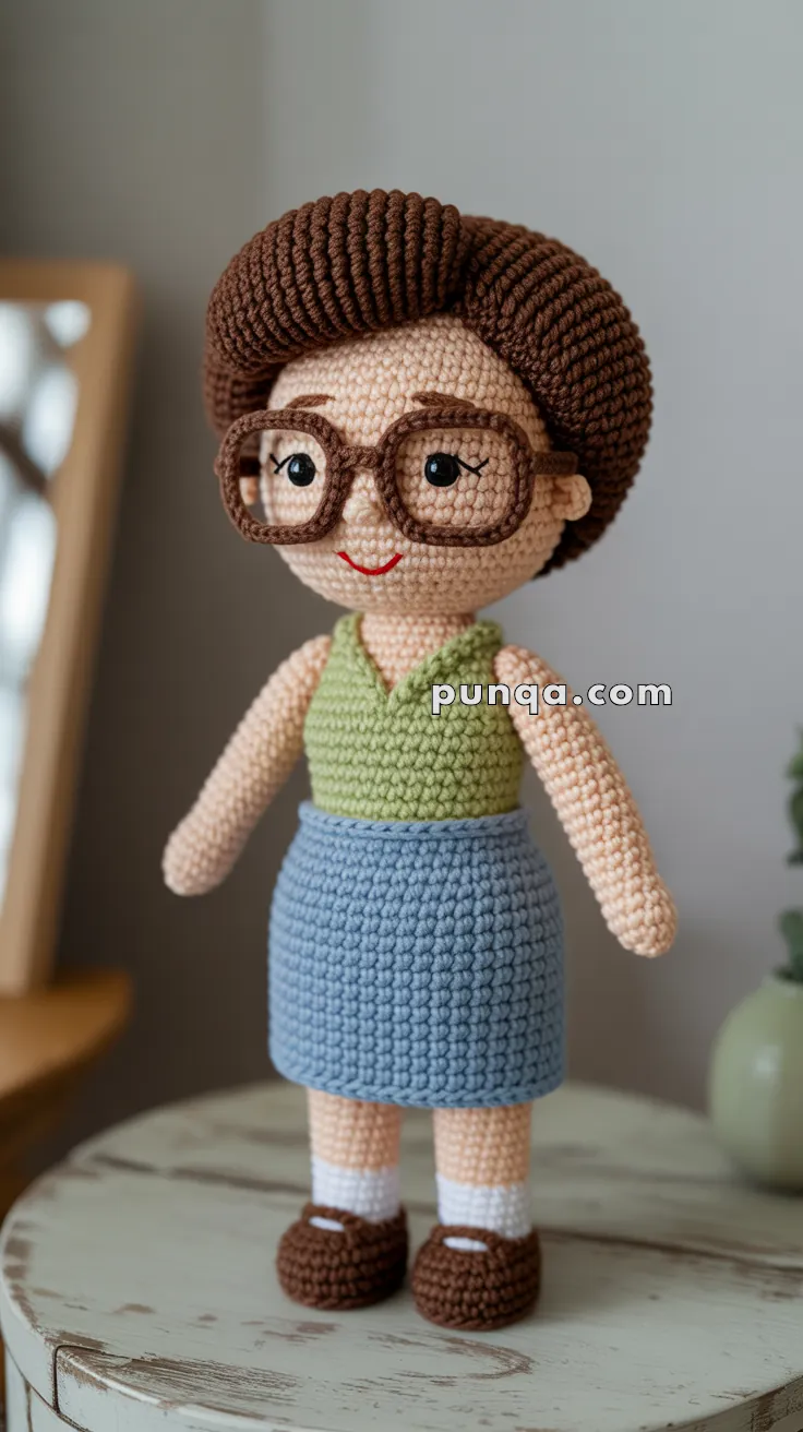 A crocheted doll with brown hair, large round glasses, a green top, and a blue skirt, standing on a wooden surface.