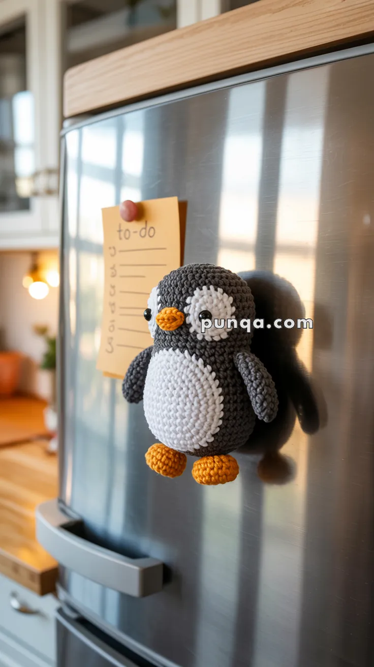 A crocheted penguin magnet is attached to a stainless steel refrigerator, next to a to-do list held by a red magnet.
