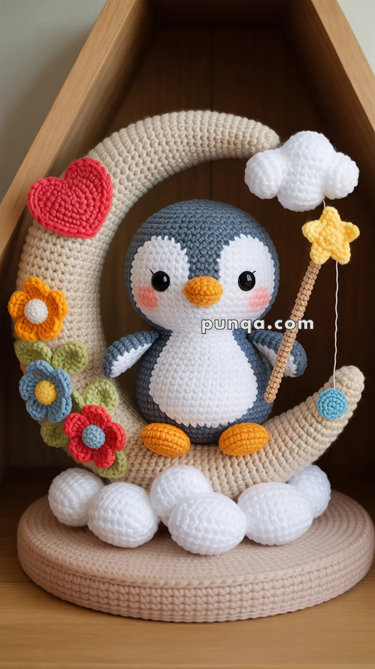 A crocheted penguin sits on a crescent moon surrounded by colorful flowers, a red heart, and puffy clouds, holding a wand with a star.