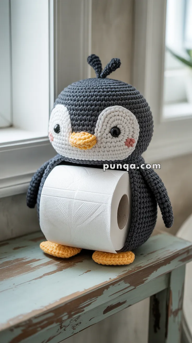 A crocheted penguin figure designed to hold a roll of toilet paper, sitting on a wooden surface by a window.