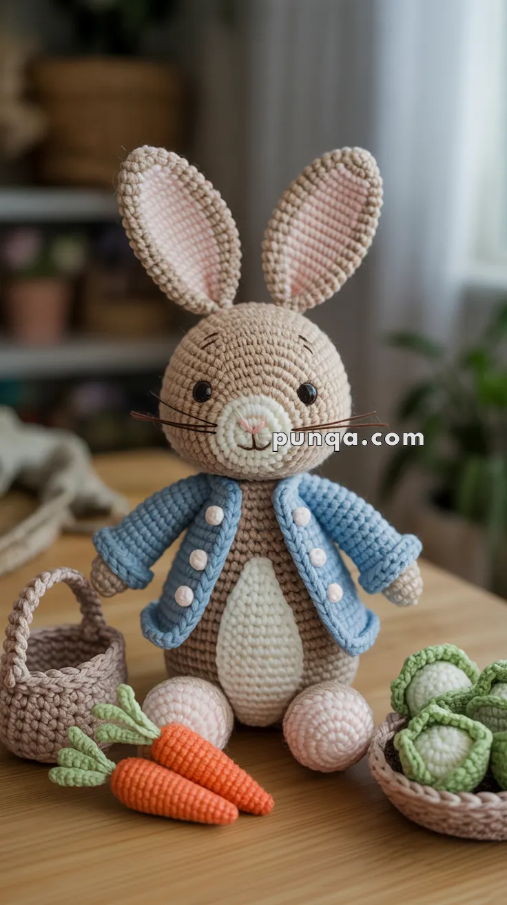 A crocheted rabbit toy wearing a blue jacket is placed on a wooden table, accompanied by crocheted carrots and cabbages, next to a small basket.
