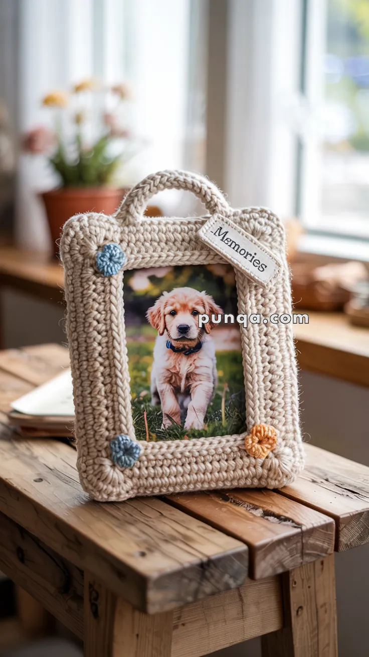 A handcrafted picture frame made of beige crochet material with blue and orange flower accents, displaying a photo of a puppy walking on grass. The frame is tagged with the word 'Memories' and is placed on a rustic wooden table with a blurred background of a bright room and potted flowers.
