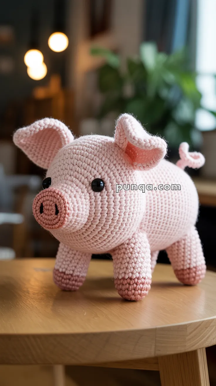 A handmade crochet pig toy with pink yarn and black button eyes, placed on a wooden table in a cozy room setting with blurred lights and plants in the background.
