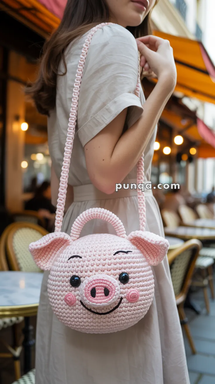 A woman holding a cute crochet handbag designed to look like a pig's face, featuring a round shape, prominent snout, and smiling expression, with a background of an outdoor cafe setting.
