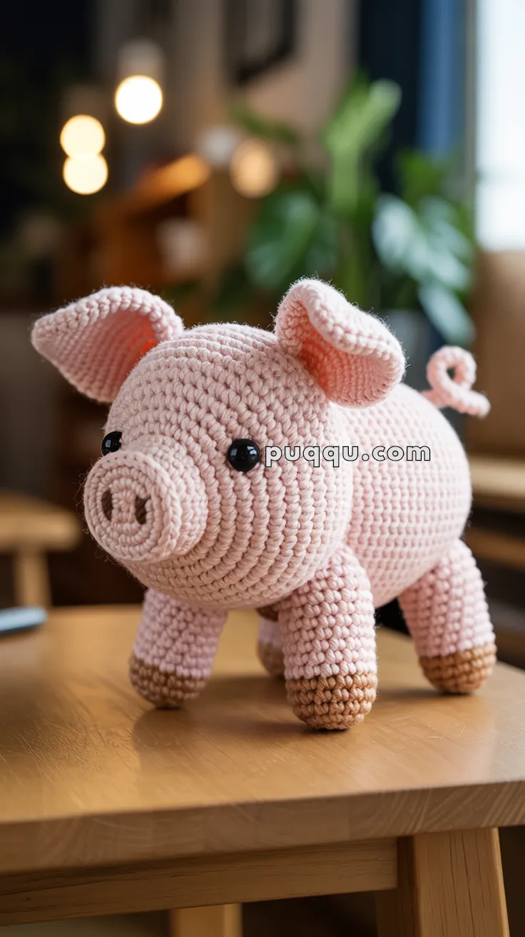 A crocheted pink pig with black eyes and a curly tail sits on a wooden table, with a soft-focus room interior in the background.