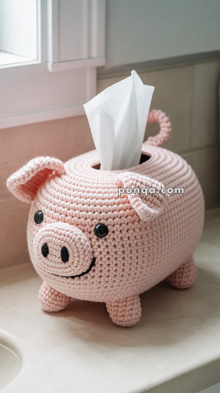 A crocheted pink pig-shaped tissue box cover with tissues protruding from the top, placed on a bathroom countertop near a window.