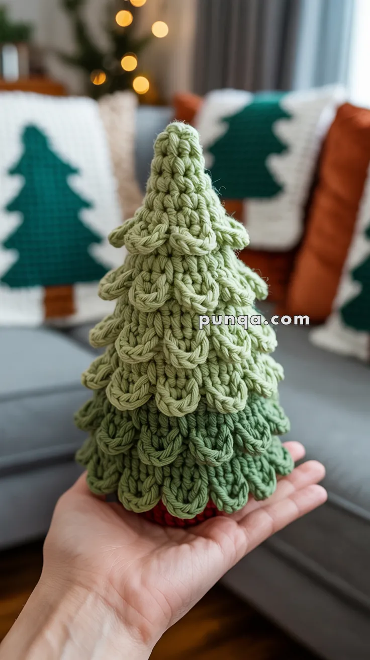 A hand holding a crocheted green Christmas tree with layered, scalloped edges, in front of a sofa with festive cushions depicting trees.