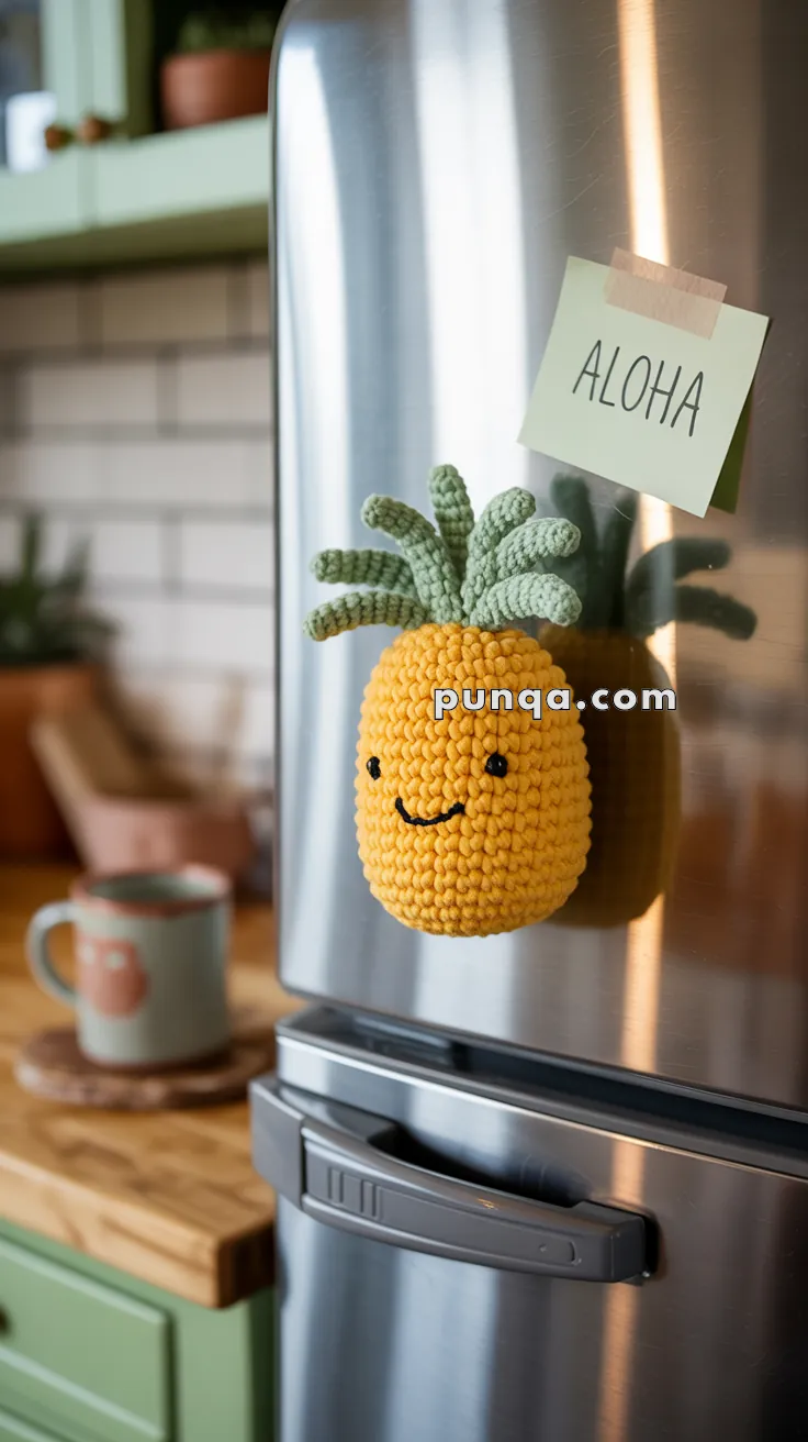 A crocheted pineapple with a smiley face is attached to a refrigerator door, next to a sticky note with the word 'Aloha'. A coffee mug sits on the kitchen counter in the background.