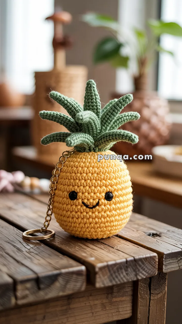 A cute crocheted pineapple keychain with a smiling face, sitting on a wooden surface, surrounded by a softly blurred indoor setting.