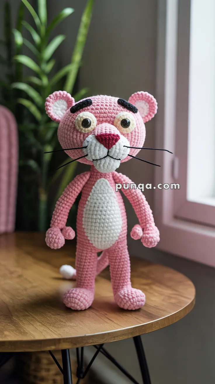 A crocheted pink panther toy with large eyes and a white belly, standing on a wooden table near a window with sunlight streaming in.