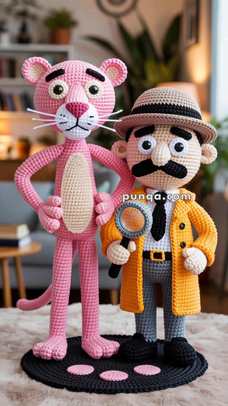 Crocheted figures of a pink panther and a detective with a magnifying glass, dressed in a yellow coat and hat, standing on a black mat with pink dots, in a cozy room setting.