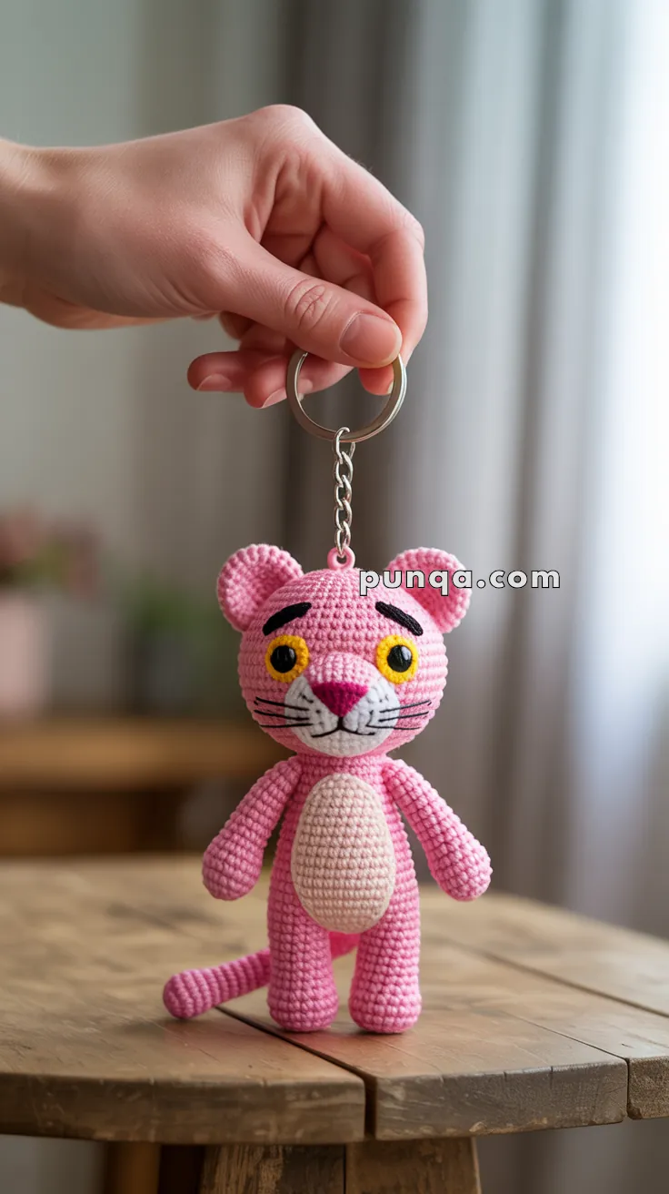 A hand holding a crocheted pink panther keychain, featuring a cartoonish face with yellow eyes and a slight smile, set against an indoor background.