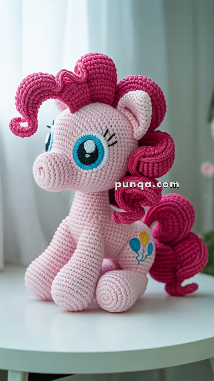 Crocheted toy pony with pink yarn and curly mane, blue eyes, and colorful balloon designs on its flank, placed on a white table.
