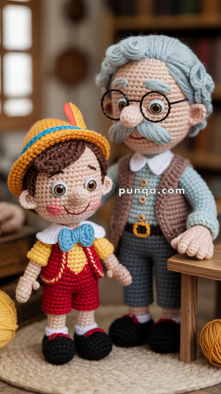 Crocheted figures of an elderly man with glasses and a mustache, and a smiling boy in a yellow hat and red outfit, standing together indoors.