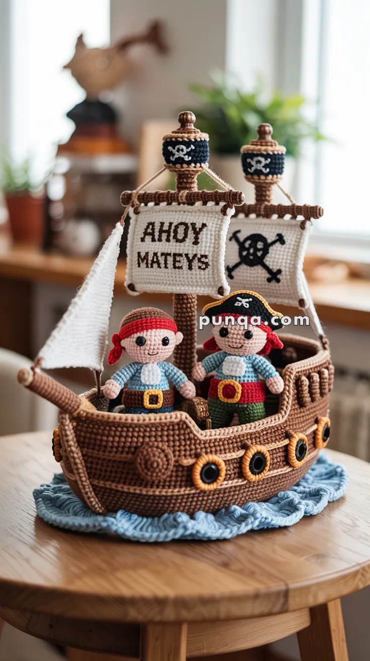 A crocheted pirate ship with two pirate dolls aboard, featuring a sail that reads 'AHOY MATEYS' and a skull design, placed on a wooden table.