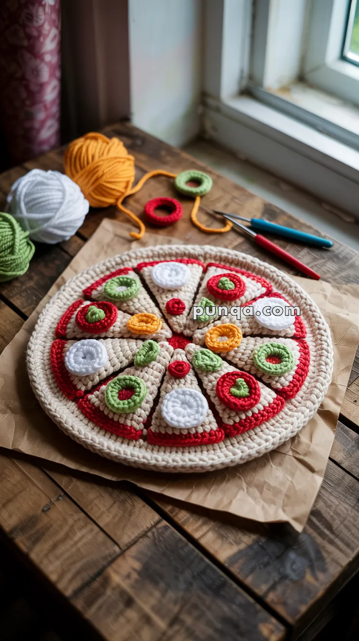 A crocheted pizza with colorful slices, featuring toppings in green, red, and white yarn, displayed on a wooden surface next to balls of yarn and crochet hooks near a window.