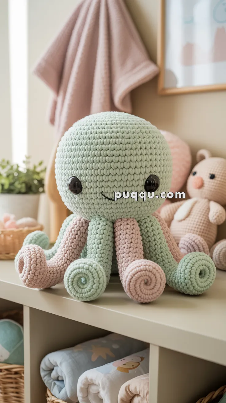 A cute crocheted octopus plush in shades of mint green and pink sits on a shelf, surrounded by other soft toys and baby blankets in a nursery setting.