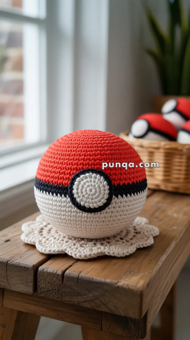 A knitted Poké Ball placed on a wooden table with crochet doilies nearby, and more knitted balls in a basket in the background.