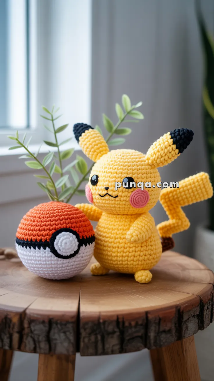 A crocheted Pikachu doll standing next to a crocheted Poké Ball on a wooden table, with a green plant in the background.