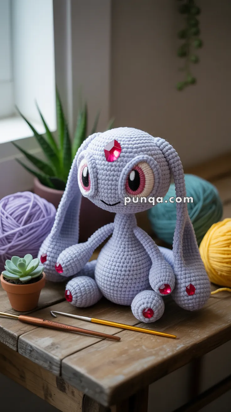 A handmade crocheted plush toy with large eyes and long ears, embellished with red gems, is sitting next to balls of yarn and crochet hooks on a wooden surface. A small potted succulent and other yarn supplies are also visible in the background.