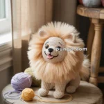 A crocheted lion plush toy with a fluffy mane sitting on a wooden stool next to balls of yarn in purple and yellow hues by a sunlit window.