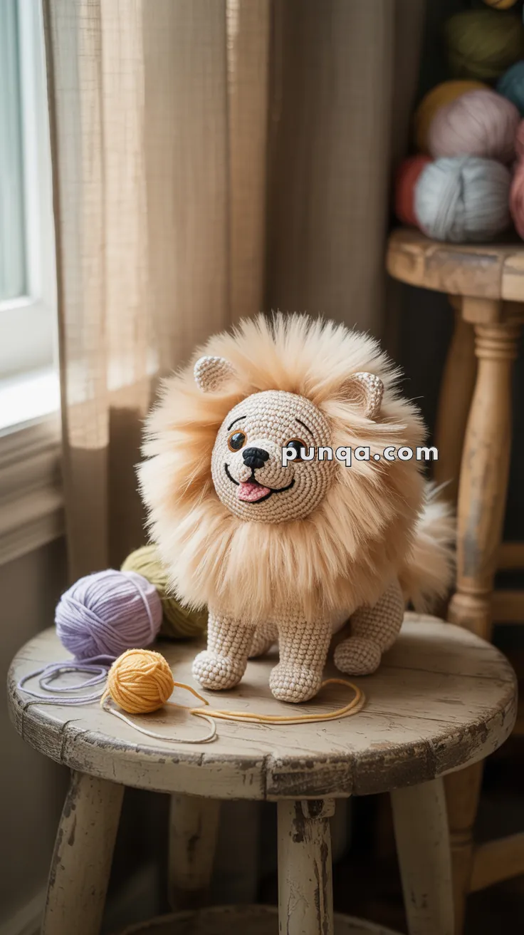 A crocheted lion plush toy with a fluffy mane sitting on a wooden stool next to balls of yarn in purple and yellow hues by a sunlit window.
