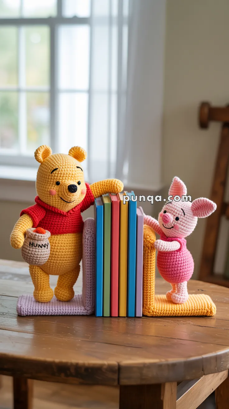 Crocheted figures resembling a bear and a pig holding a stack of colorful books upright on a wooden table.