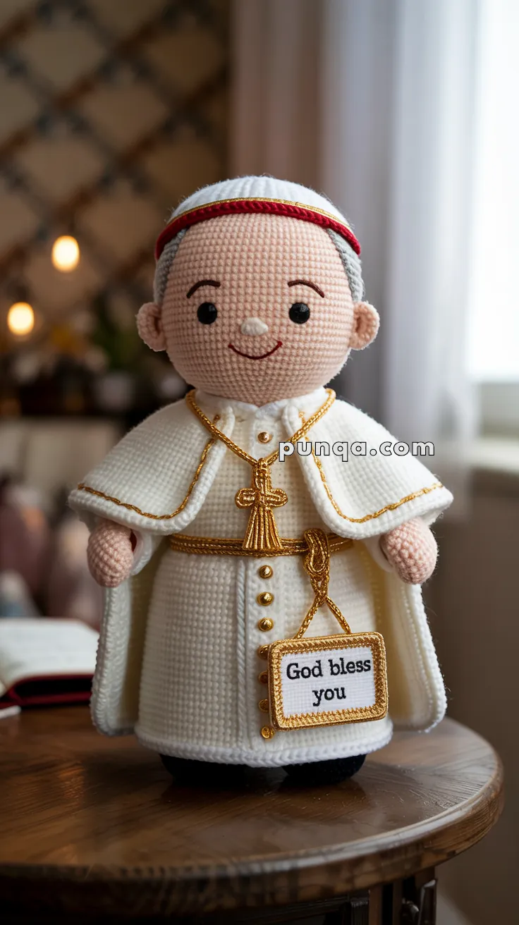 A crocheted doll dressed in papal robes with a red-trimmed hat, holding a sign that reads "God bless you."