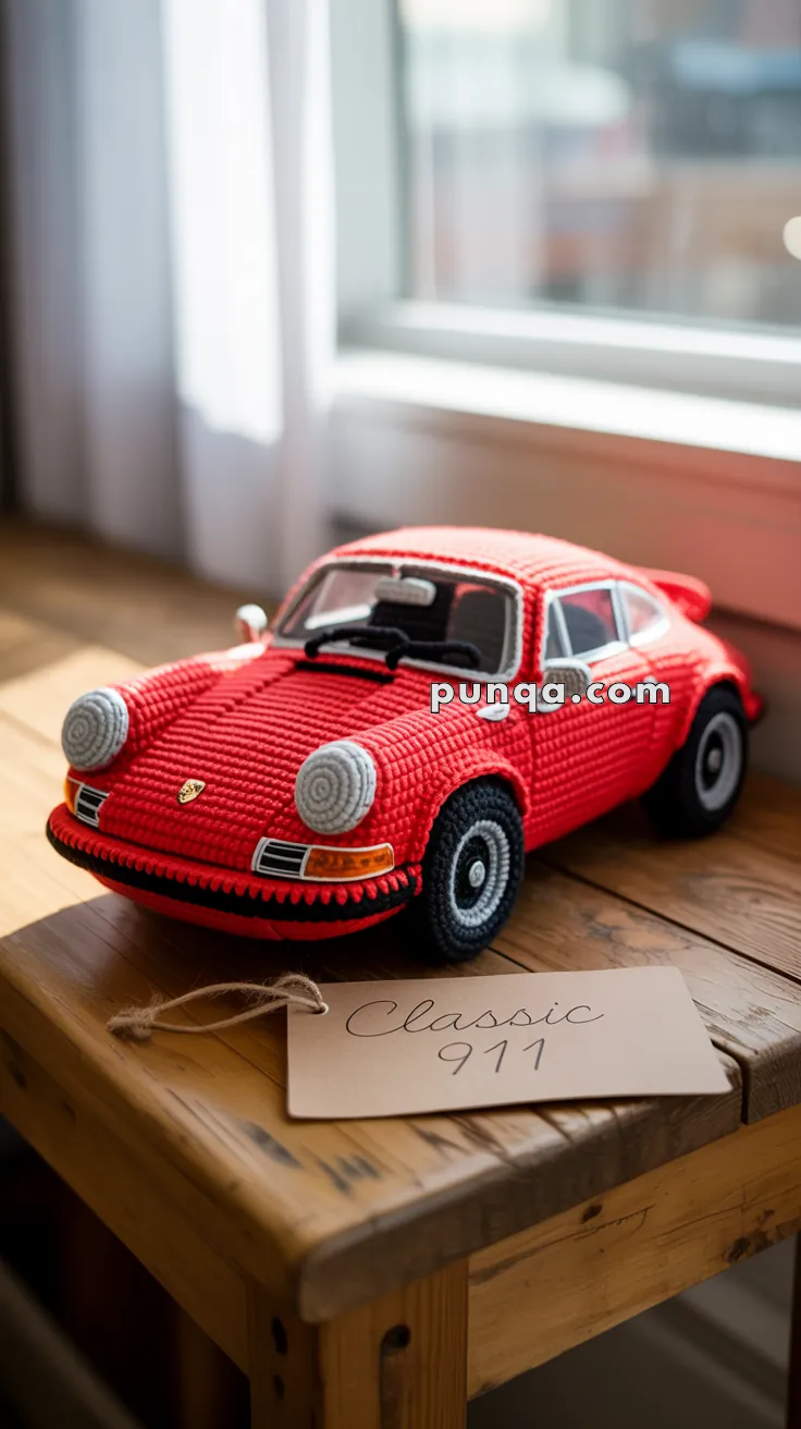 A crochet model of a classic red 911 sports car placed on a wooden table beside a label reading "Classic 911" in a sunlit room.