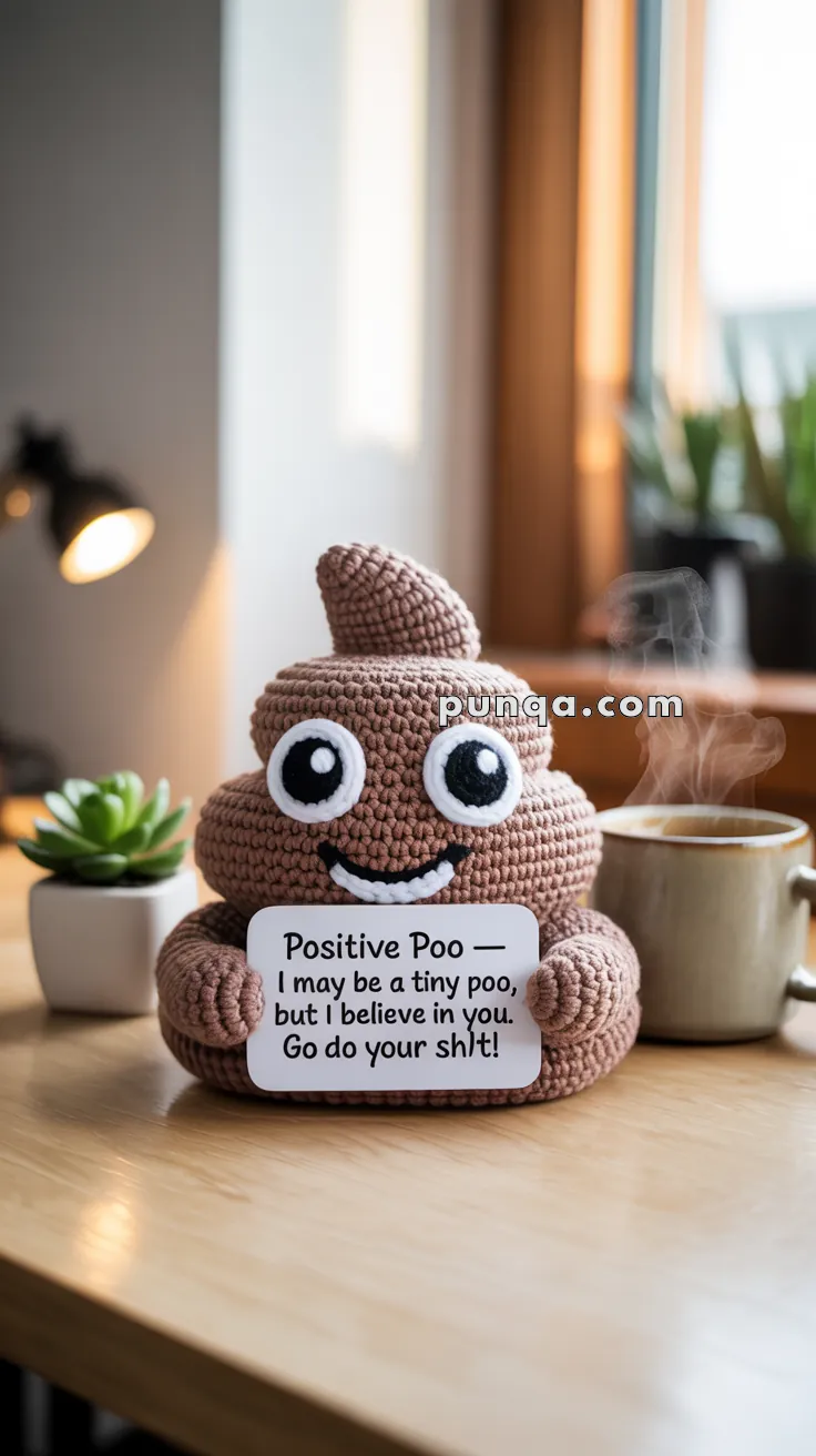 A crocheted toy shaped like a smiling poop emoji holds a sign with an encouraging message, sitting on a wooden table with a plant and a steaming mug nearby.