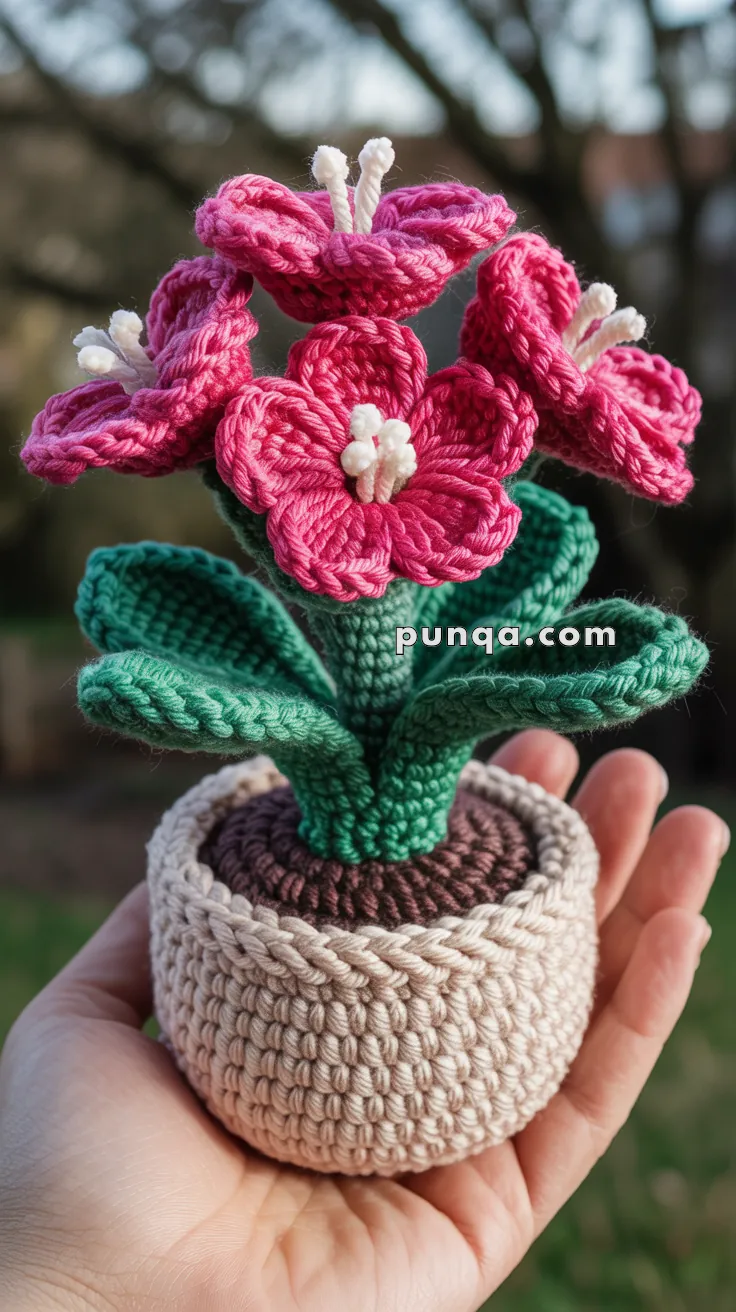 A hand holding a crocheted plant with pink flowers and green leaves in a beige crocheted pot.