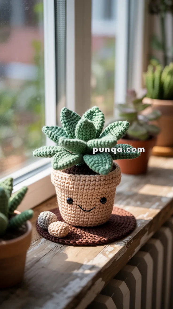 A crocheted succulent plant in a smiling pot placed on a wooden windowsill, with sunlight streaming through the window.