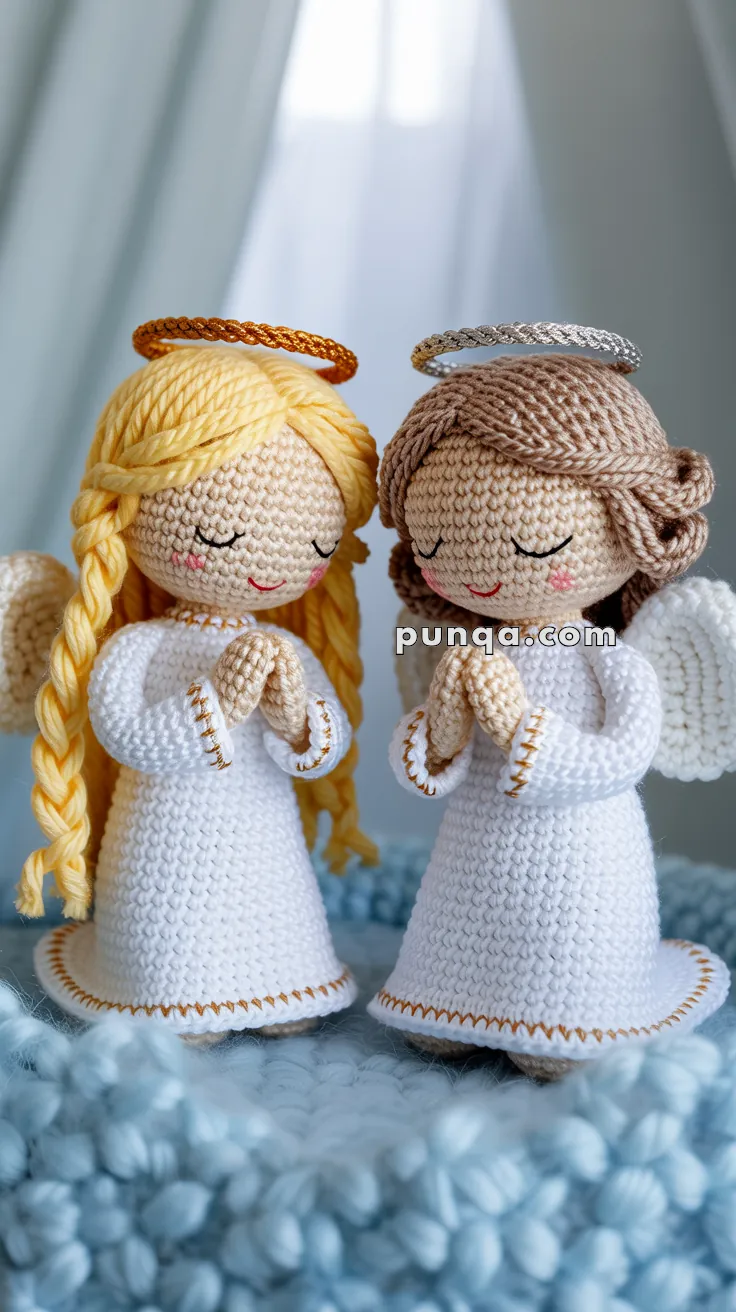 Two crocheted angel figures with white robes and golden accents, featuring wings and halos, are positioned side by side on a textured blue surface.