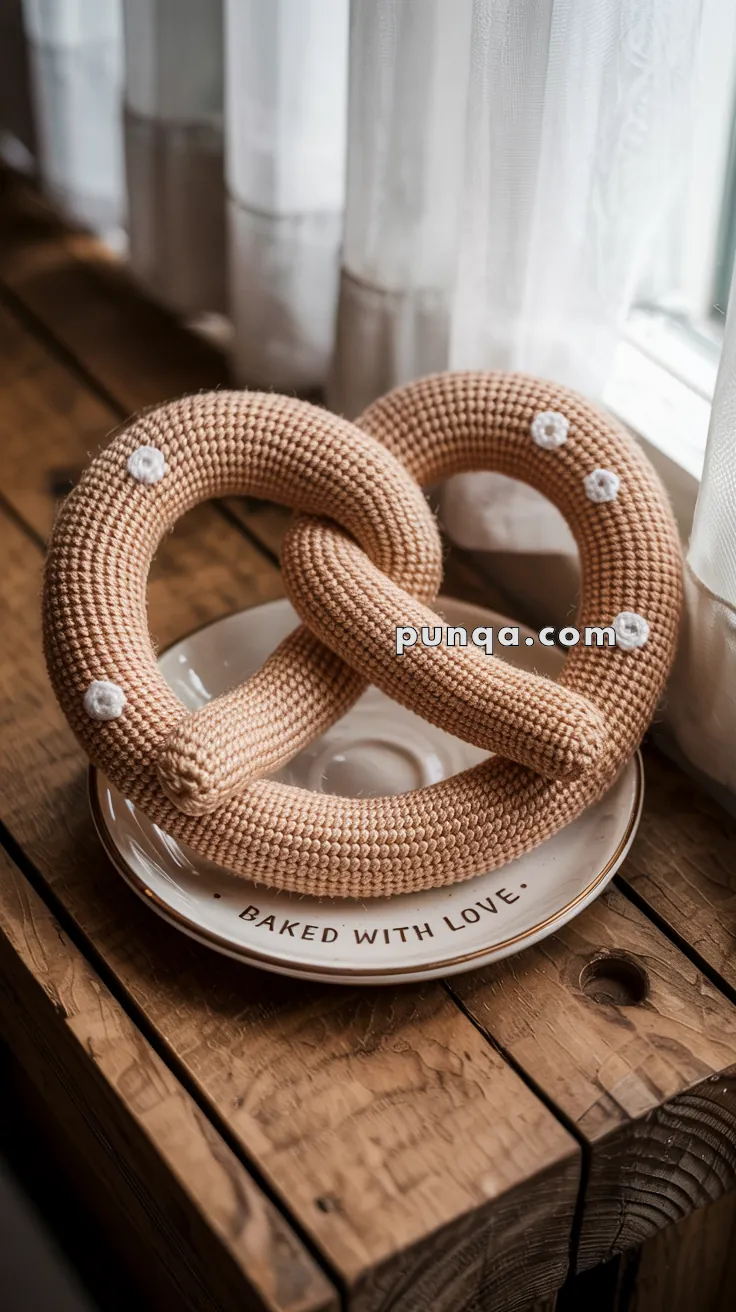 A knitted pretzel with white yarn dots sits on a decorative plate that reads "BAKED WITH LOVE" on a wooden surface, next to a window with sheer curtains.