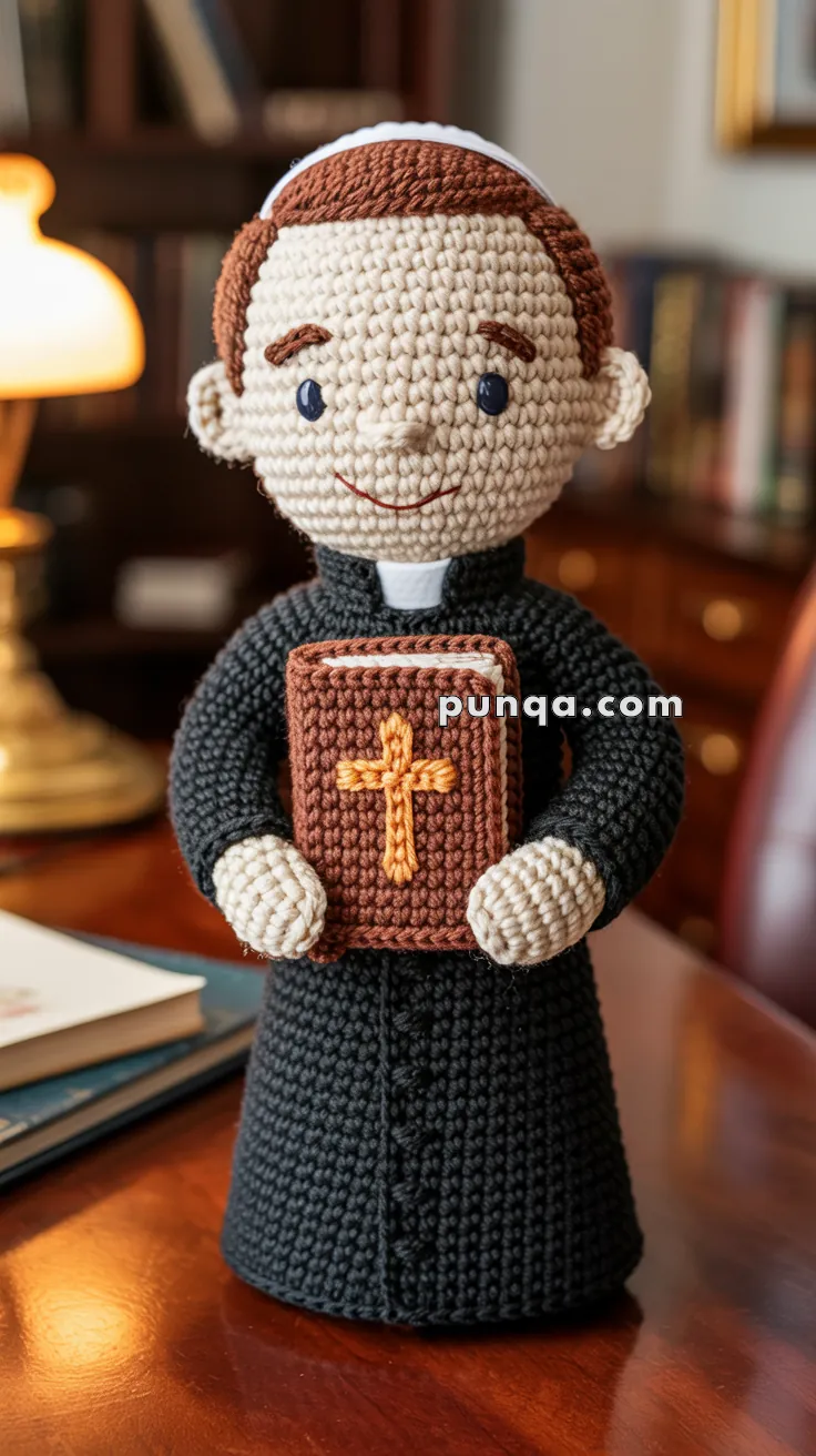 A crocheted doll of a priest with a brown Bible, featuring a cross on the cover, standing on a wooden table in a study room with a desk lamp and bookshelf in the background.
