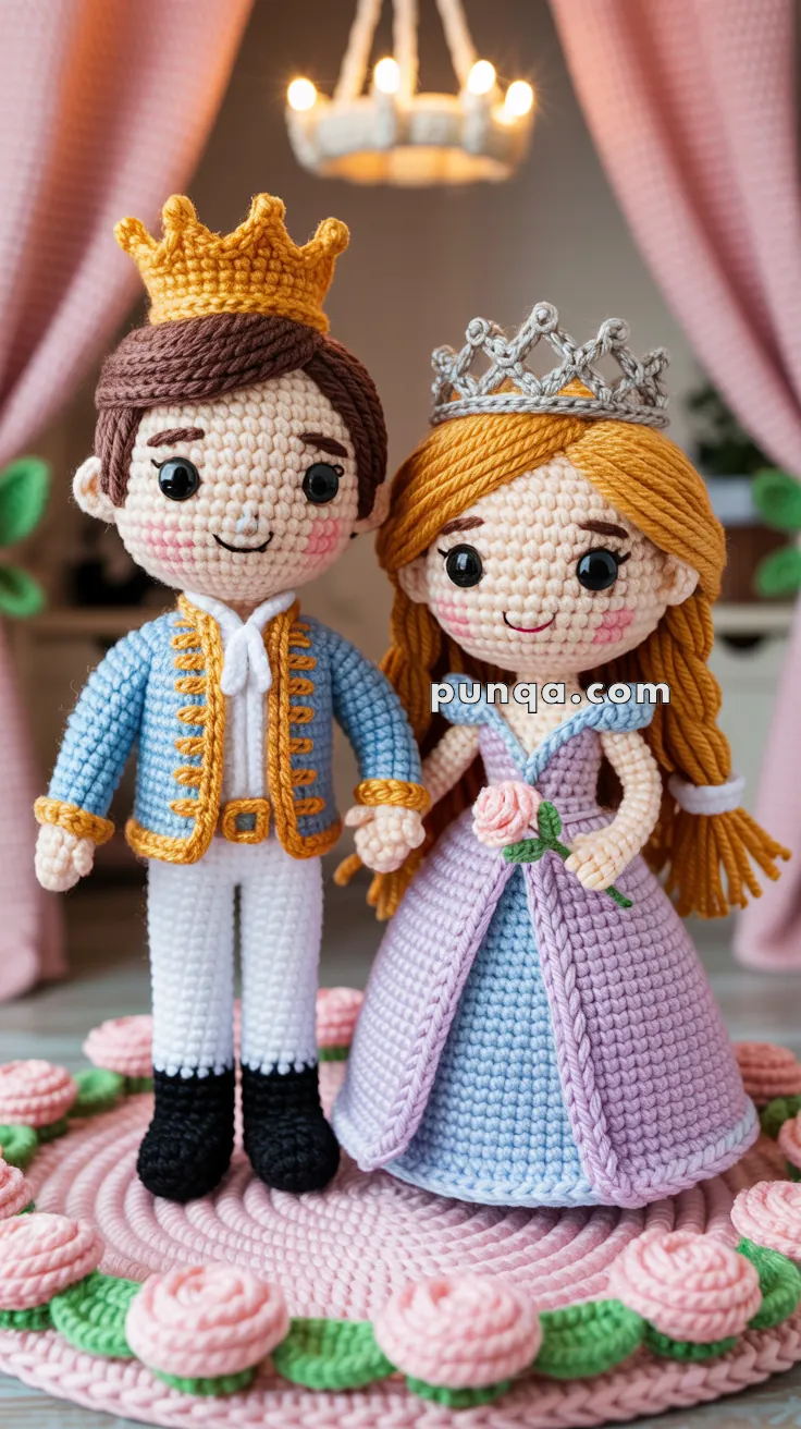 Crocheted dolls of a prince and princess, with detailed attire and crowns, standing on a decorative pink surface with crocheted roses.