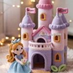 A crocheted princess doll in a blue dress is seated beside a pastel pink and purple crocheted castle, adorned with "WELCOME" flags, all displayed on a soft, textured rug.