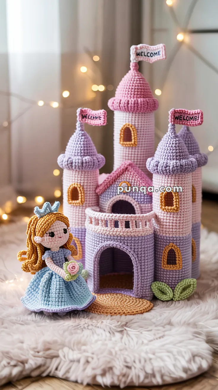 A crocheted princess doll in a blue dress is seated beside a pastel pink and purple crocheted castle, adorned with "WELCOME" flags, all displayed on a soft, textured rug.