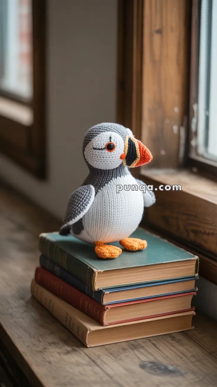 A knitted puffin toy with orange beak and feet stands on a stack of vintage books, placed on a wooden windowsill.