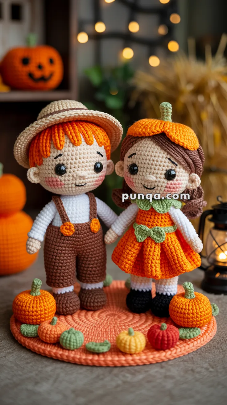 Crocheted dolls of a boy and a girl standing together on a round orange mat, surrounded by small crocheted pumpkins and leaves. The boy is wearing a straw hat and brown overalls, and the girl is in an orange dress with a pumpkin-themed hat. The background includes Halloween decorations like a jack-o'-lantern and soft glowing lights.