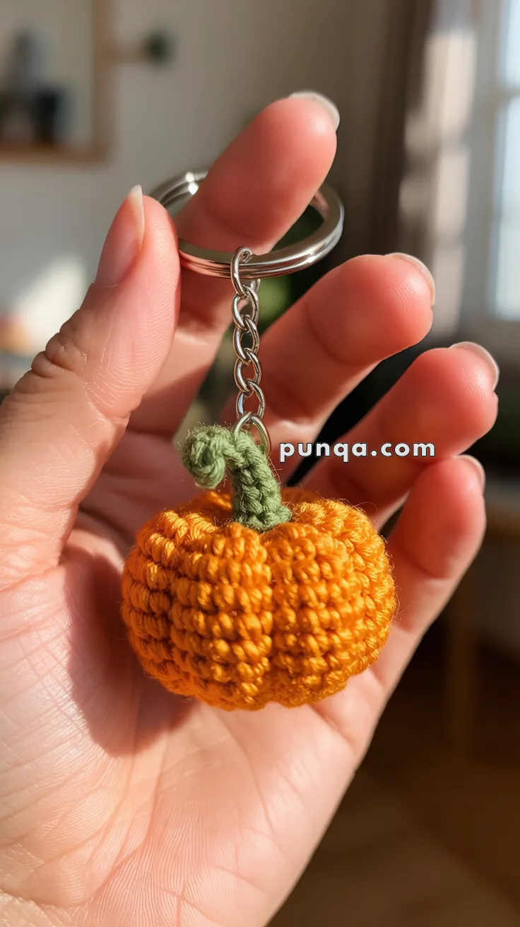 A hand holding a keychain with a crocheted orange pumpkin attached to it, featuring a green stem, against a softly blurred indoor background.