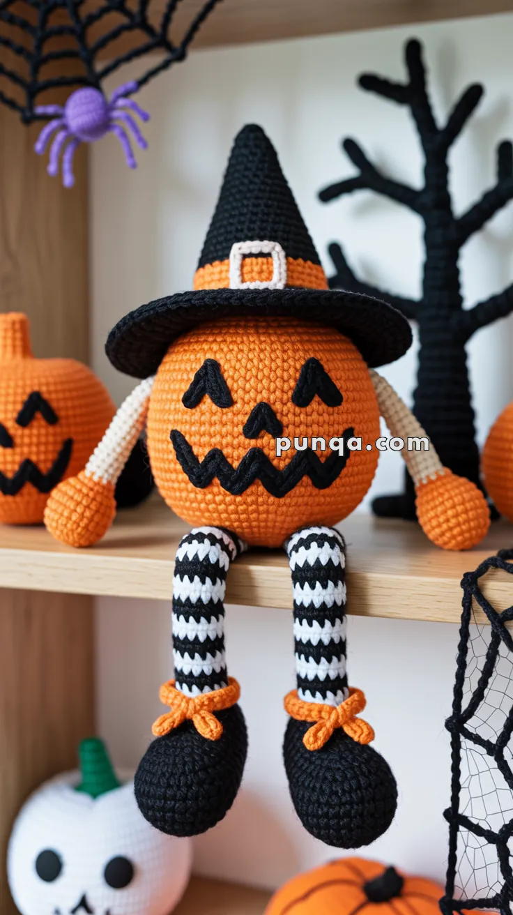 A handcrafted crochet pumpkin doll wearing a black witch hat and sitting on a shelf. It has striped black-and-white legs and black shoes with orange laces. Decor elements include another pumpkin, a spider web, and a tree silhouette in the background.