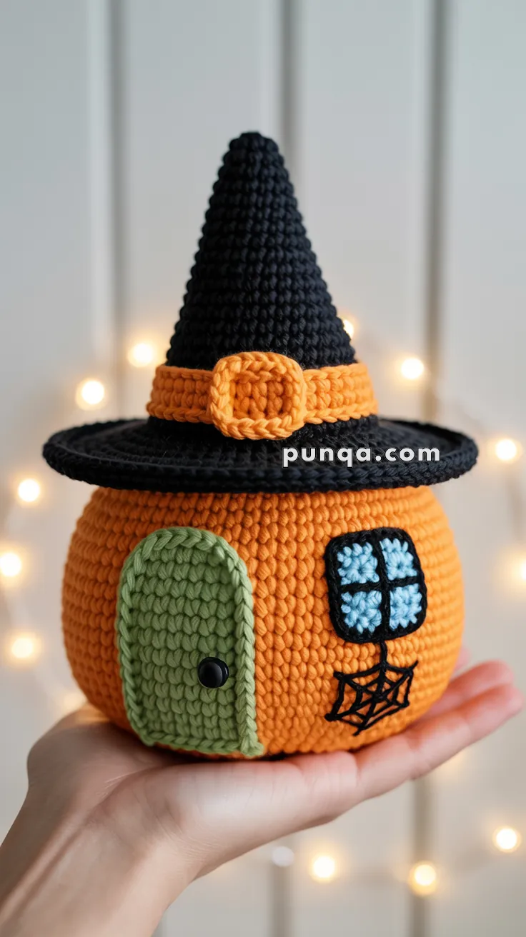 A crocheted decoration shaped like a pumpkin, featuring a green door, a blue and black window, and a black witch hat with an orange band, held in a person's hand against a blurred background with lights.