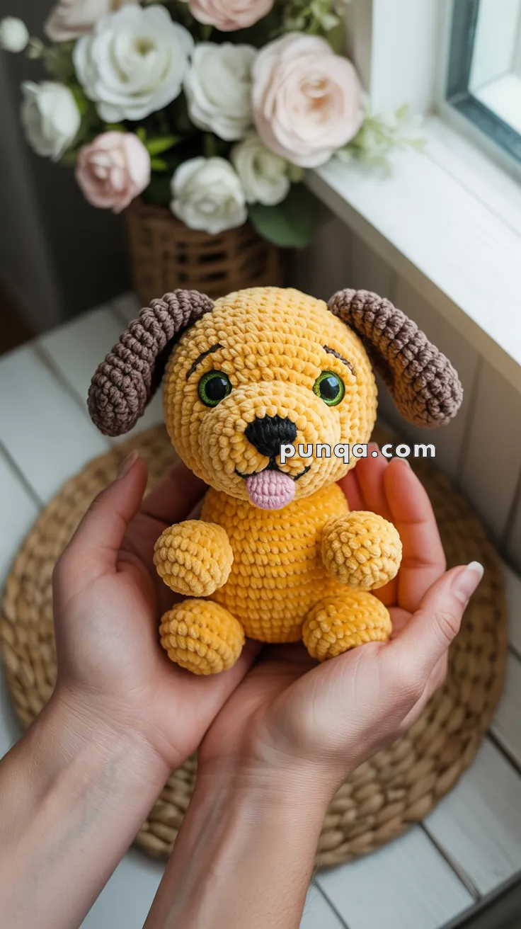 A person holding a small, handmade crocheted dog toy with yellow body and brown ears, featuring green eyes and a pink tongue sticking out, in front of a window with a basket of white and pink roses in the background.