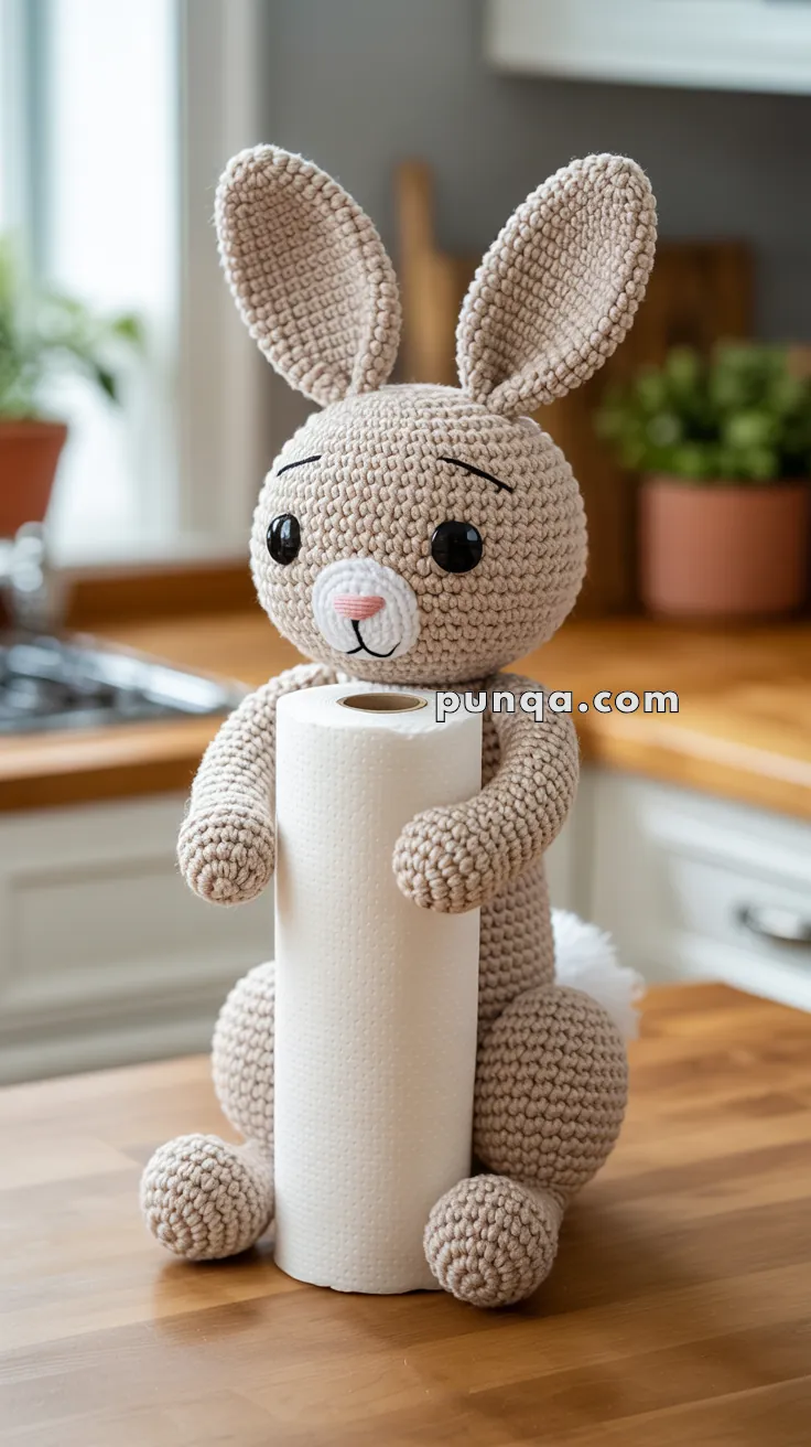 A crocheted bunny holding a roll of paper towels, sitting on a wooden kitchen countertop with a blurred background of kitchen items.