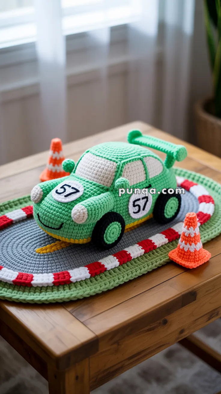 A crocheted toy set featuring a green car with "57" on it, placed on a knitted racetrack mat, accompanied by small crochet traffic cones, all displayed on a wooden surface.