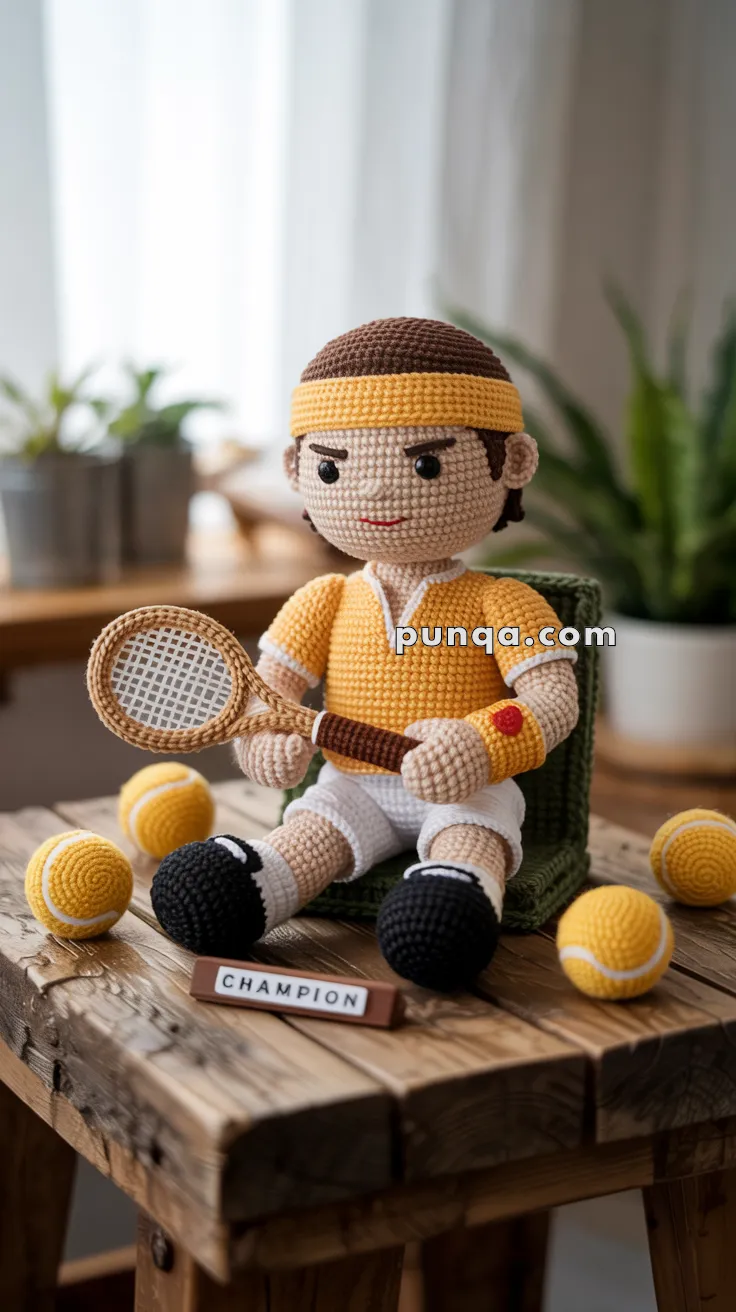Crocheted doll dressed as a tennis player wearing a yellow outfit and headband, holding a crocheted tennis racket, surrounded by crocheted tennis balls on a wooden table labeled 'Champion.'