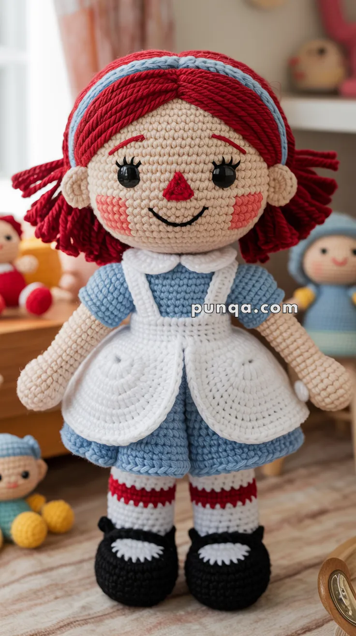 A crocheted doll with red yarn hair, a blue dress, and a white apron, featuring a smiling face with large eyes and a red nose, standing in a room with other colorful crocheted figures in the background.