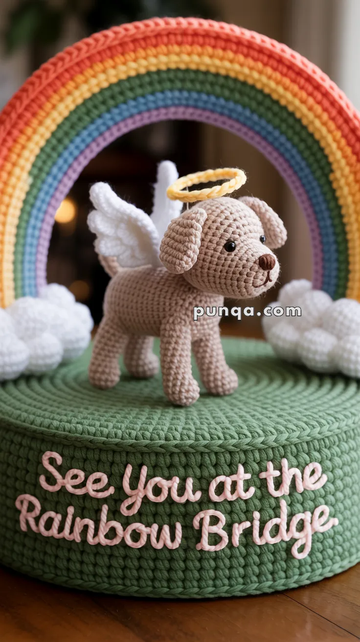 Crocheted sculpture of a dog with angel wings and a halo, standing on a green base with the text 'See You at the Rainbow Bridge', set against a rainbow backdrop.
